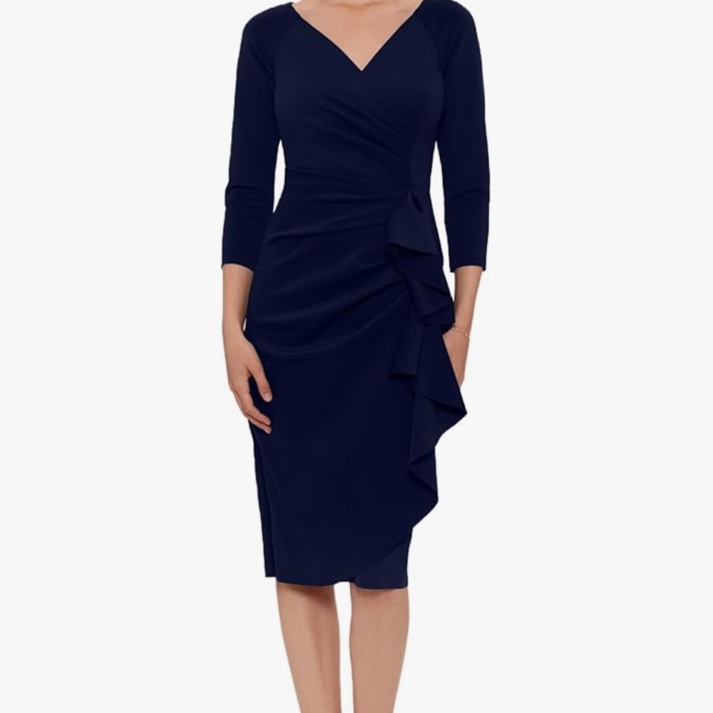 Xscape Pleated Ruffled Gown in Navy. NWT